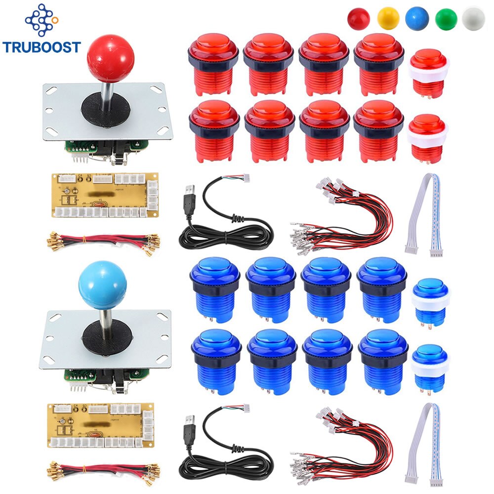 DIY Arcade Joystick Kits para 2 jugadores de la computadora de la PC Juegos de empuje con LED Botón 5 colores LED Cables de fácil instalación