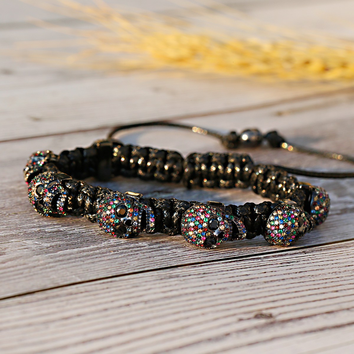 Pulsera trenzada a mano con calavera de circón para hombres y mujeres, cuentas de cobre, brazalete de cadena hecho a mano ajustable de Metal clásico: Color dorado