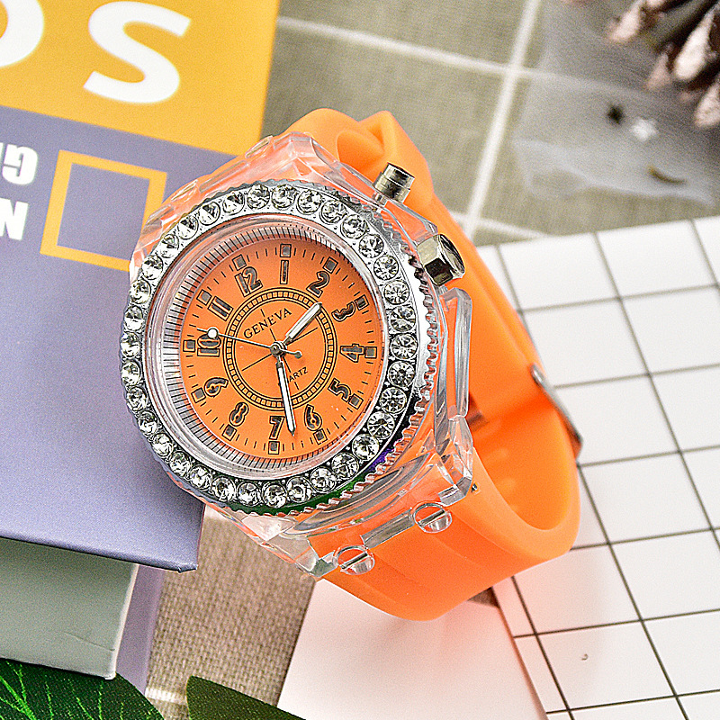 Luminous Quartz Watch for Women Personality Rhinestone Led Geneva Male and Female Students Couple Jelly Wrist Watches: Orange