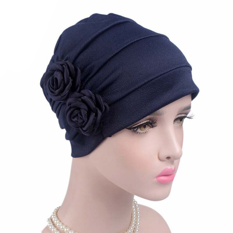 Kvinder blomst turban hat dame kræft kemo hårtab hætte hoved tørklæde wrap cover 5 farver: Mørkeblå