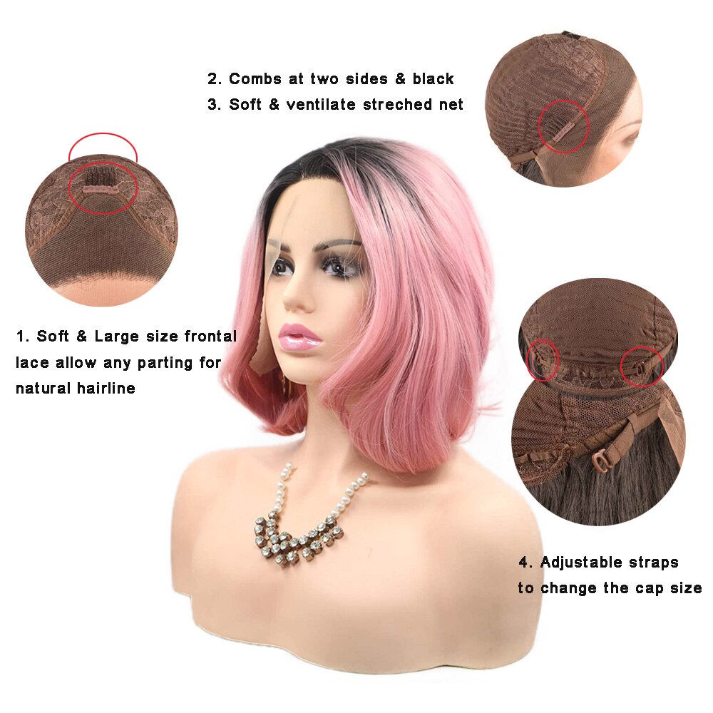 Korte Bob Roze Kant Voor Pruiken Voor Zwarte Vrouwen Rechte Golf Synthetische Pruik Half Hand Gebonden Hoge Temperatuur vezel Haar