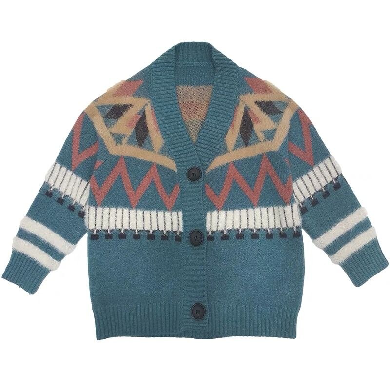 ins girls sweater 4-13 years old cardigan cotton clothes Diamond wavy line pattern spring and autumn thin sweater