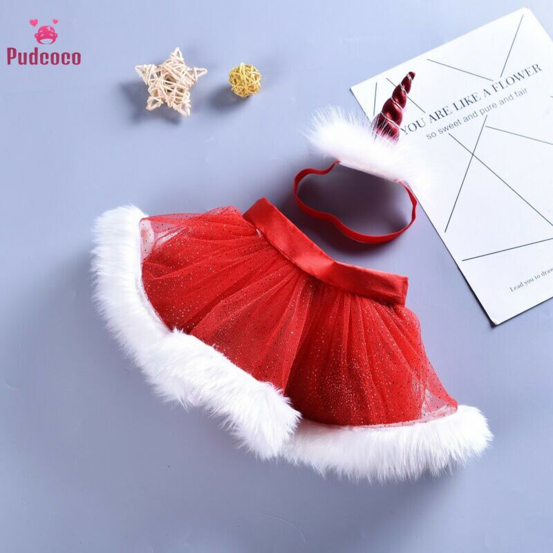 Pudcoco 女の赤ちゃんメッシュスカートプリンセスペチコートクリスマスパーティー赤毛皮チュチュスカートユニコーンヘッドバンド子供子供衣装