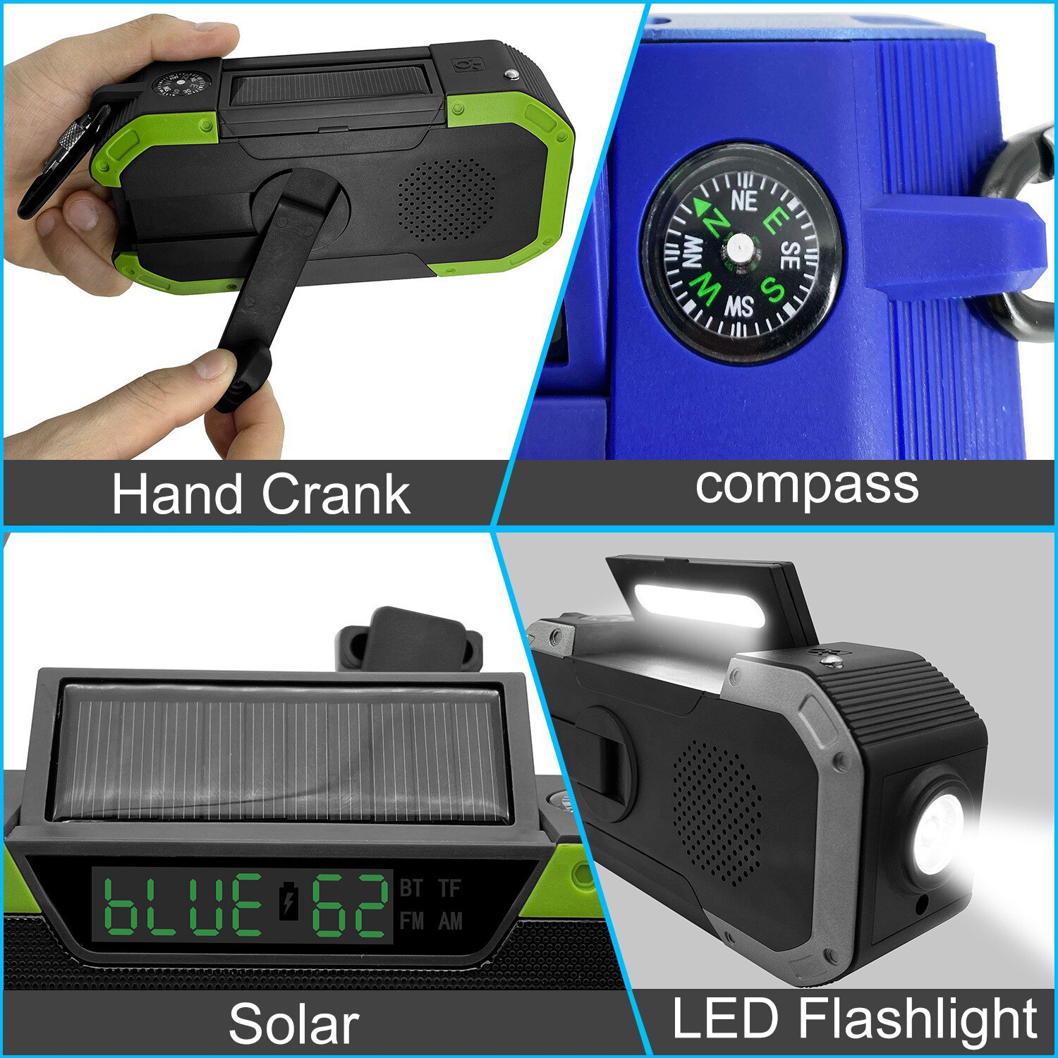 Portable Bluetooth Speaker Hand Crank Solar Radio AM/FM Emergency Radio LED Power Display Flashlight IPX5 Waterproof Power Bank