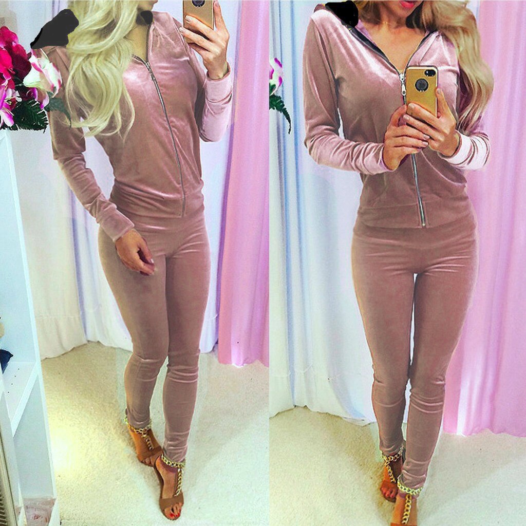 Green zipper Suit Set Women Tracksuit Two-piece Style Outfit Sweatshirt Sport Wear