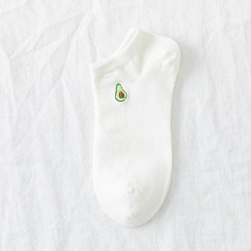 Zomer schattige sokken avocado borduurwerk katoenen sokken dames ademend onzichtbaar effen kleur skarpetki korte sokken voor meisjes: Wit