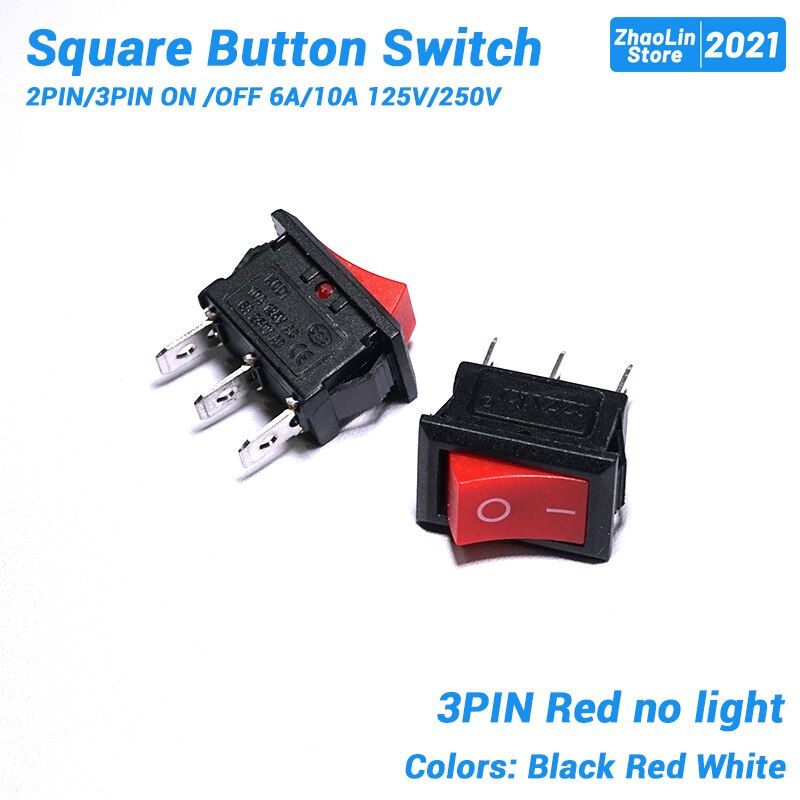 Square Button Switch For Boat Car Rocker Switch 2PIN/3PIN ON /OFF 6A/10A 125V/250V Black Red and White: 3PIN Red / 10PCS
