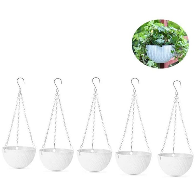 Panier de fleurs suspendu rond en plastique blanc, 5 pièces, 16x10cm, chaîne pour plante de jardin, jardinière, décoration