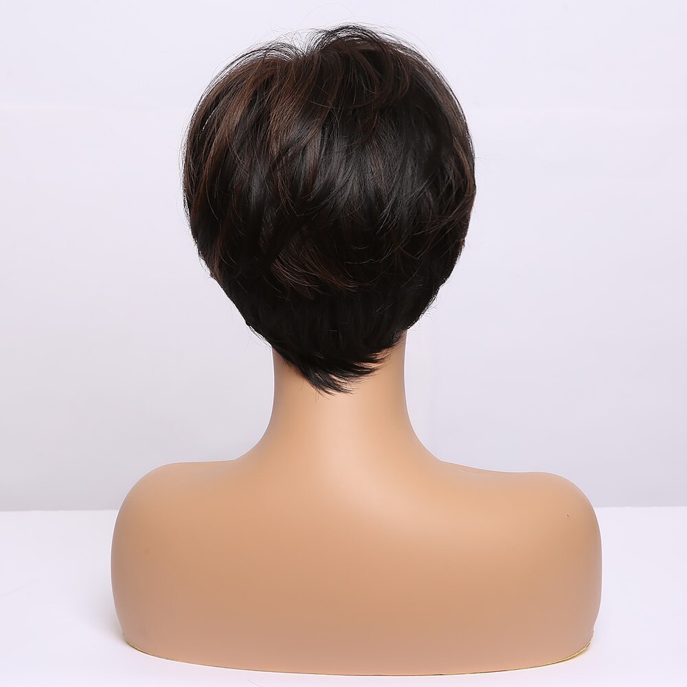 ALAN EATON Mixed Black Brown Wigs for Women Afro Short Straight Bob Wigs with Side Bangs High Temperature Fiber Pixie Cute