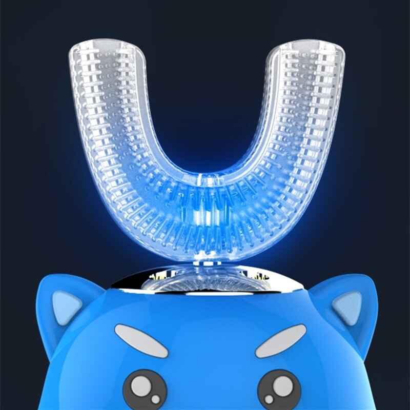 Cepillo de dientes eléctrico ultrasónico de grado alimenticio cabezal de cepillo de silicona para niños 360 grados de dibujos animados Linda mascota en forma de U cuidado de los dientes