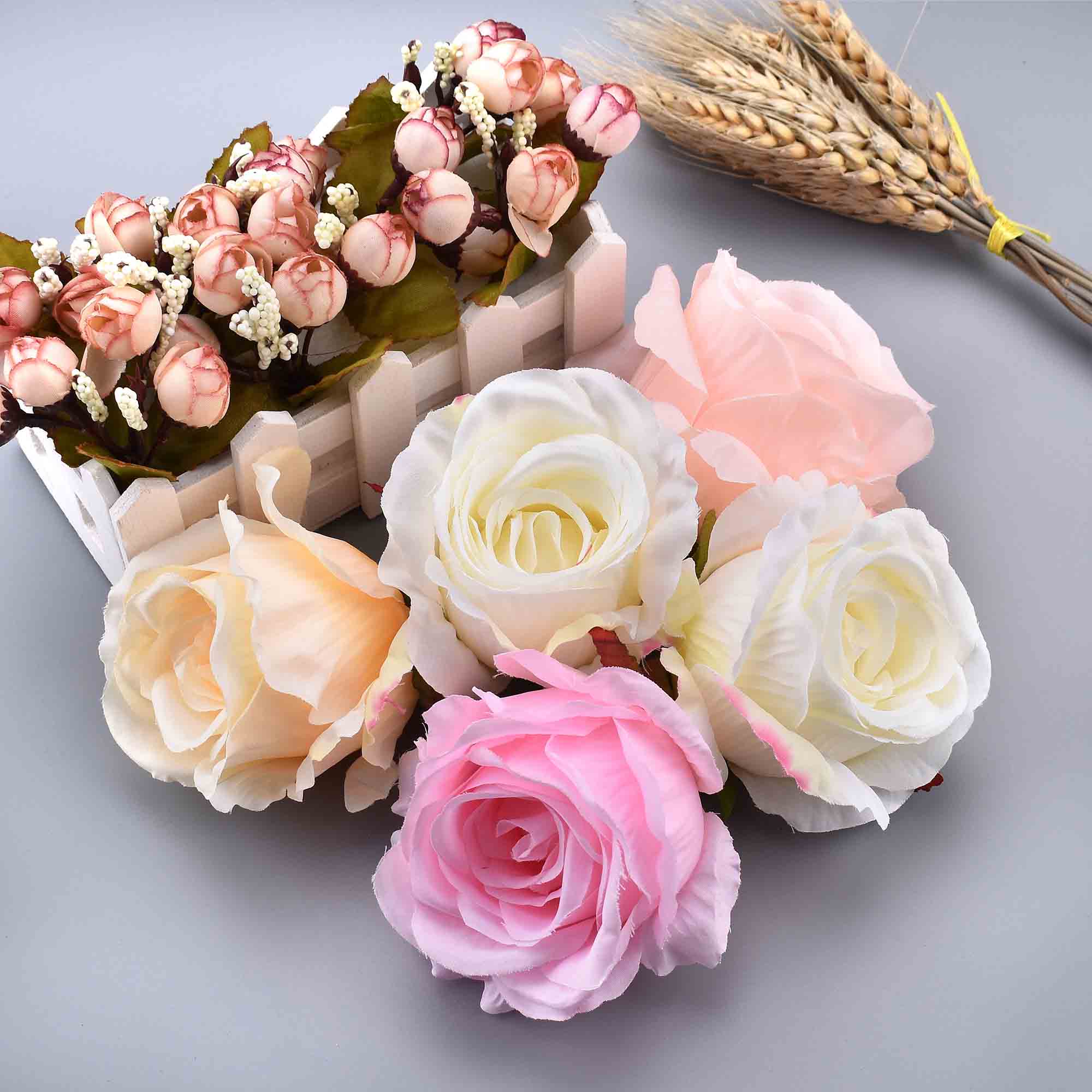 10 stk silkeblomstrende lyserøde hvide roser kunstigt blomsterhoved til bryllupsdekoration diy krans scrapbooking stor håndværksblomst