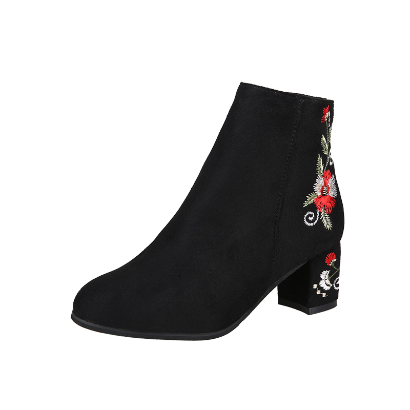 Botas de Invierno para mujer, botines cálidos bordados, Vintage, novedosa, tacones cuadrados, zapatos de salón de flores, con cremallera, gamuza: 35