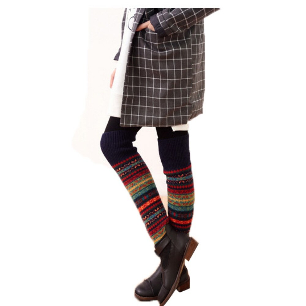 Jambières chaudes rayées pour femme, jambières au dessus du genou, tricot, couvre-jambes au Crochet, tenue de noël, hiver: C