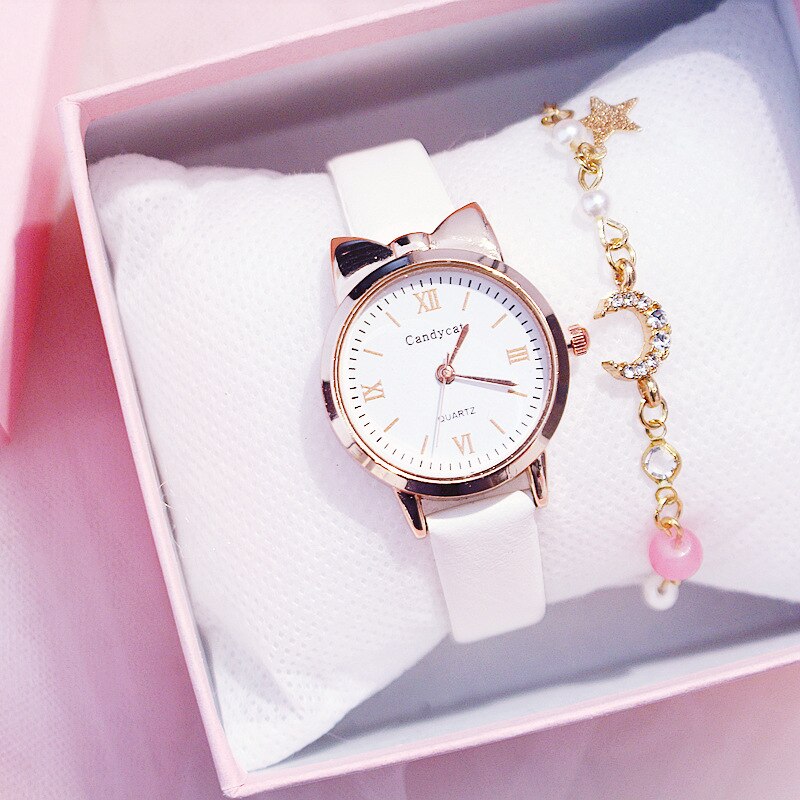 Casual Vrouwen Horloges Leuke Kat Oor Lady Armband Horloge Mode Lederen Band Quartz Horloge Klok Relogio Feminino