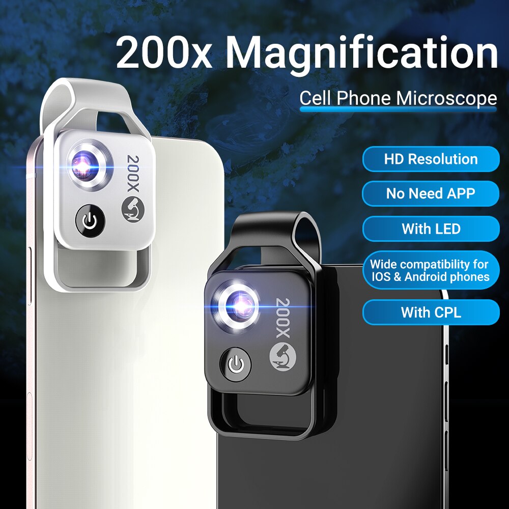 Lupa de microscopio Universal para teléfono móvil, instrumento LED CPL, lente Macro, Zoom óptico con Micro Clip de cámara, 200X