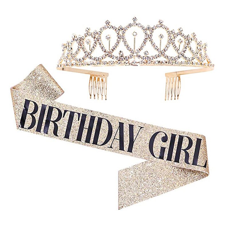 Bling Rhinestone Crystal Crown Tiara Birthday Anniversary Decoration Happy 18 21 30 40 50th Birthday Satin Sash Party Supplies