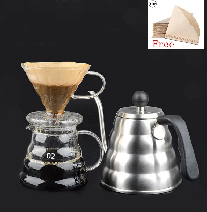 v60 coffee filter glass pot coffee maker set barista tools geyser coffee maker black with thermometer drip kettle free paper: Brown