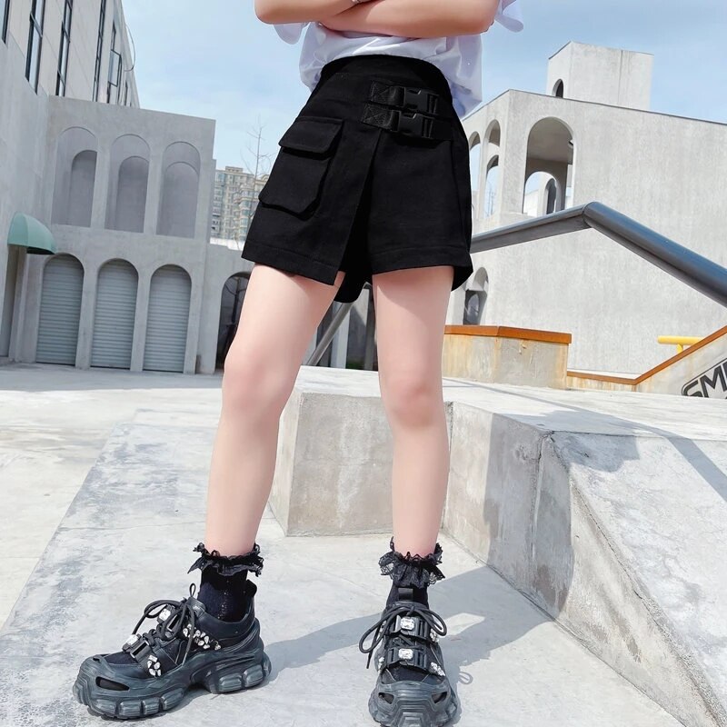 New summer teenage Girls pantaloncini con cintura neri a vita alta pantaloncini neri in cotone per bambini con cintura per 5 6 7 8 9 10 11 12 13 14 anni