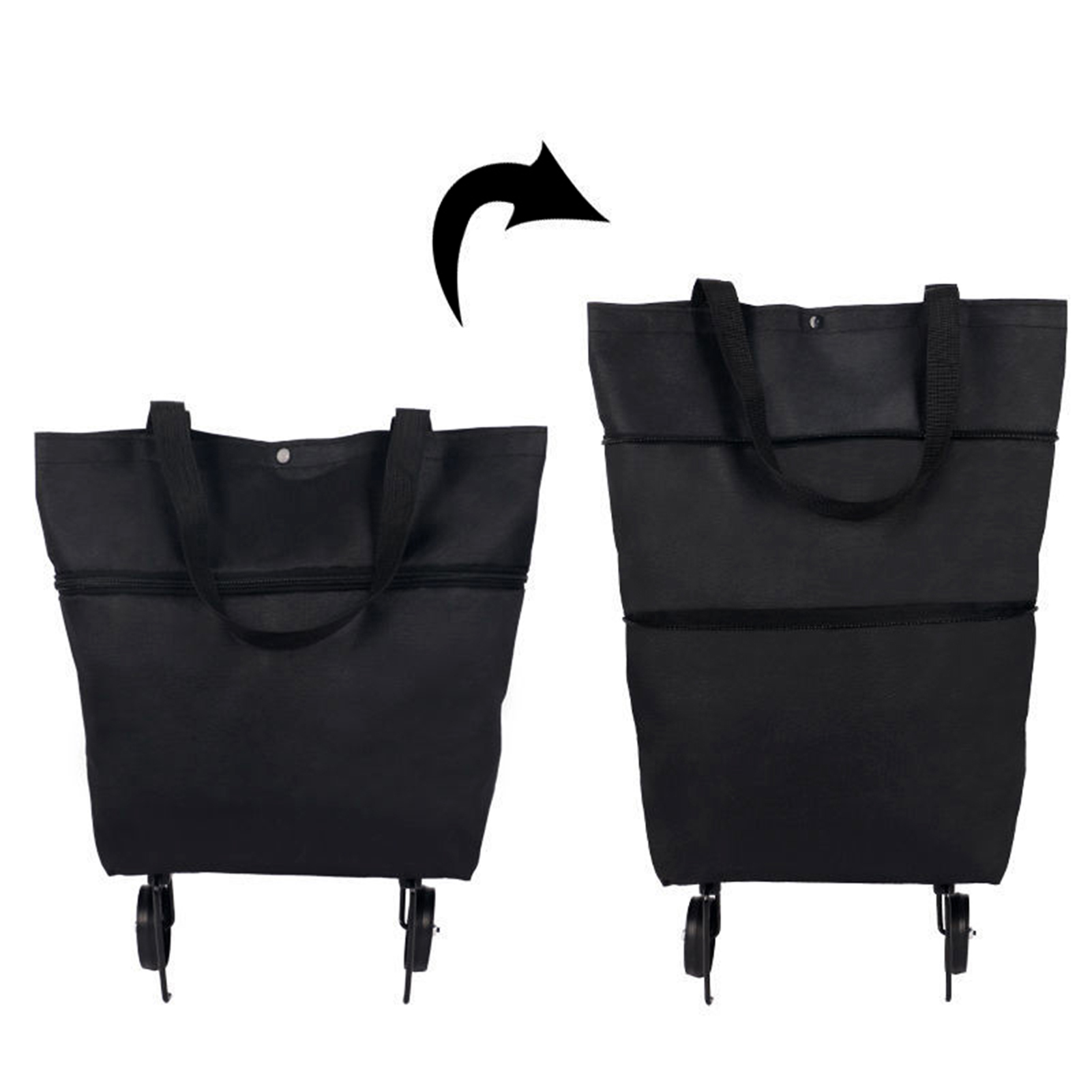 2 In 1 Foldable Shopping Cart Collapsible Two-Stage Zipper Folding Shopping Bag With Wheels Foldable organizador: black