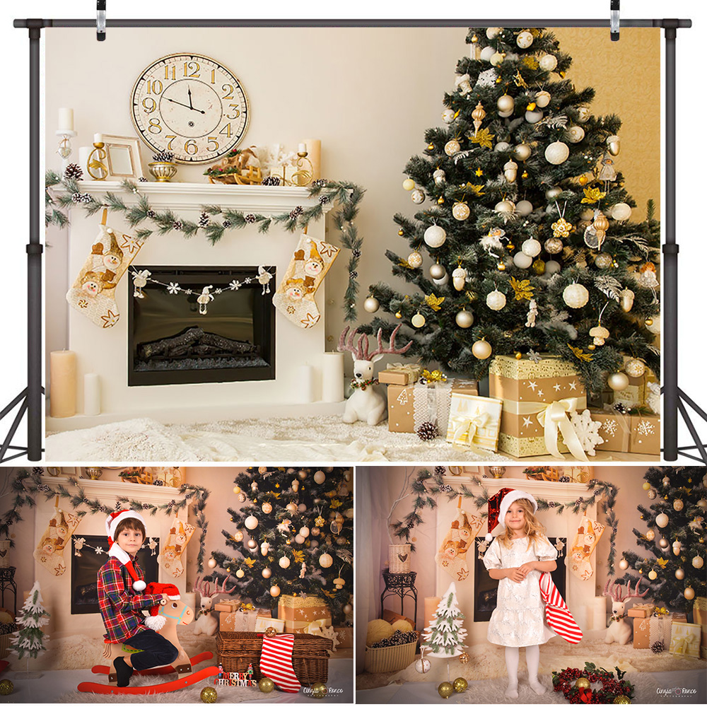 Christmas Tree Winter Portrait Background Photography Fireplace Clock Family Living Room Party Backdrop Socks Photocall: 150*300