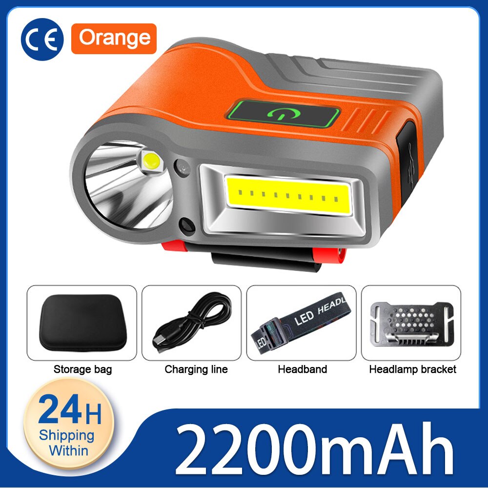Induction Cap Clip Light USB Charging Cap Clip Flashlight 2200mAh COB Flood Light Head Light Waterproof Fishing Camping Light: Orange Upgrad 2200mA