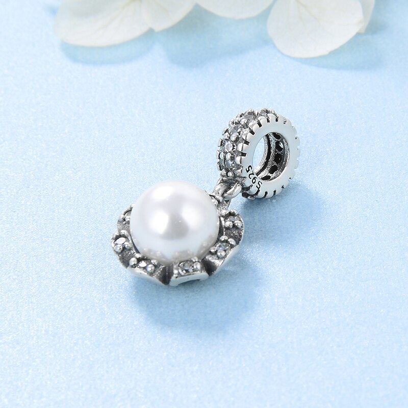 Authentic 100% 925 Sterling Silver Shell Pearl CZ Fine Pendants Fit Original europeu Charm Bracelet Jewelry making