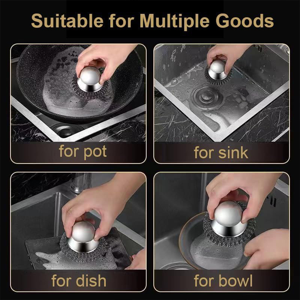 6-1Pcs Kitchen Stainless Steel Washing Brush Metal Sponge Scrubber With Handle For Dishes Pots Pans Grills Sink Cleaning Tools