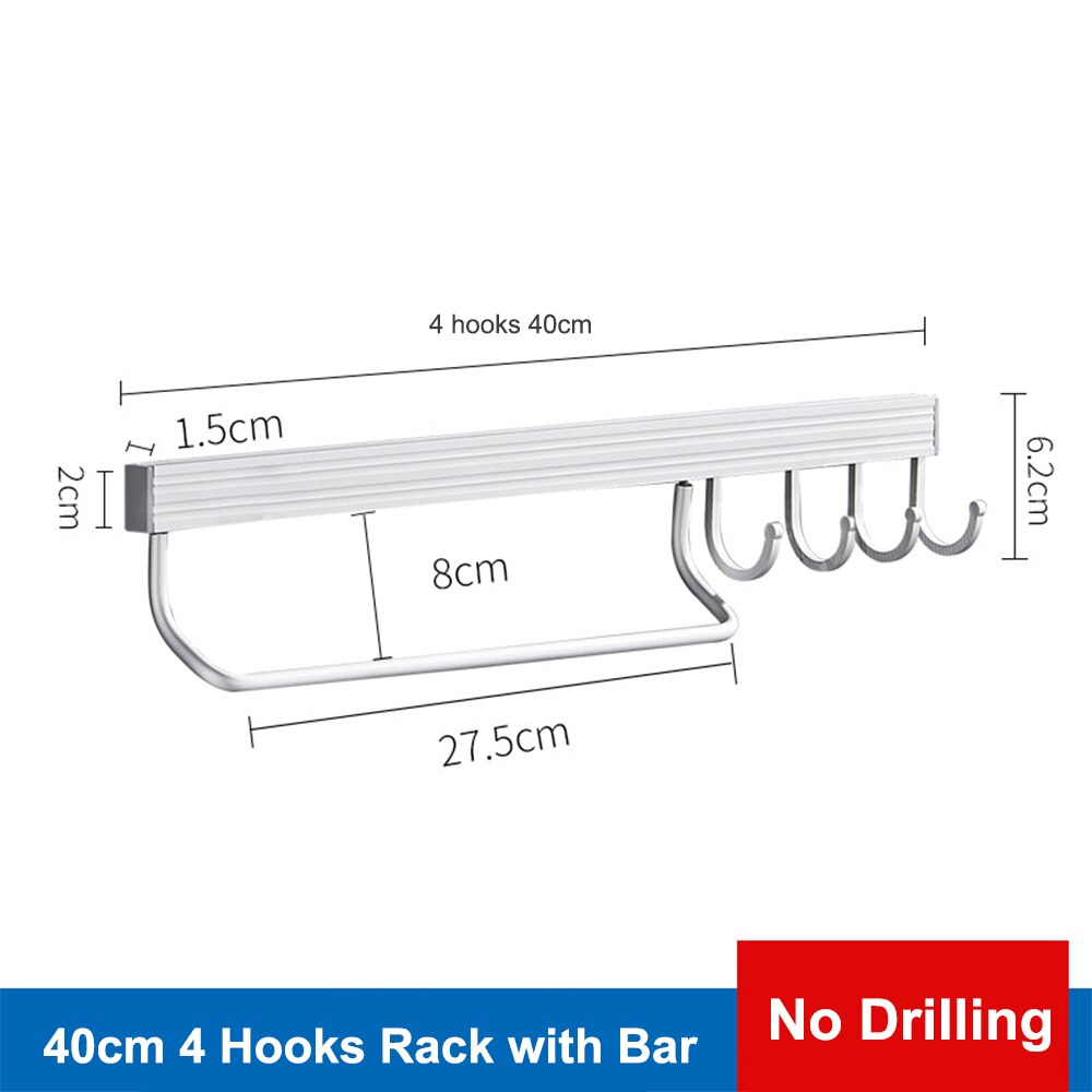 Kitchen Wall Shelf with Hook Spice Rack Rail Bar Wall Mounted Storage Hanger Kitchen Organizer Shelf Bathroom Accessories: 40cm with Bar