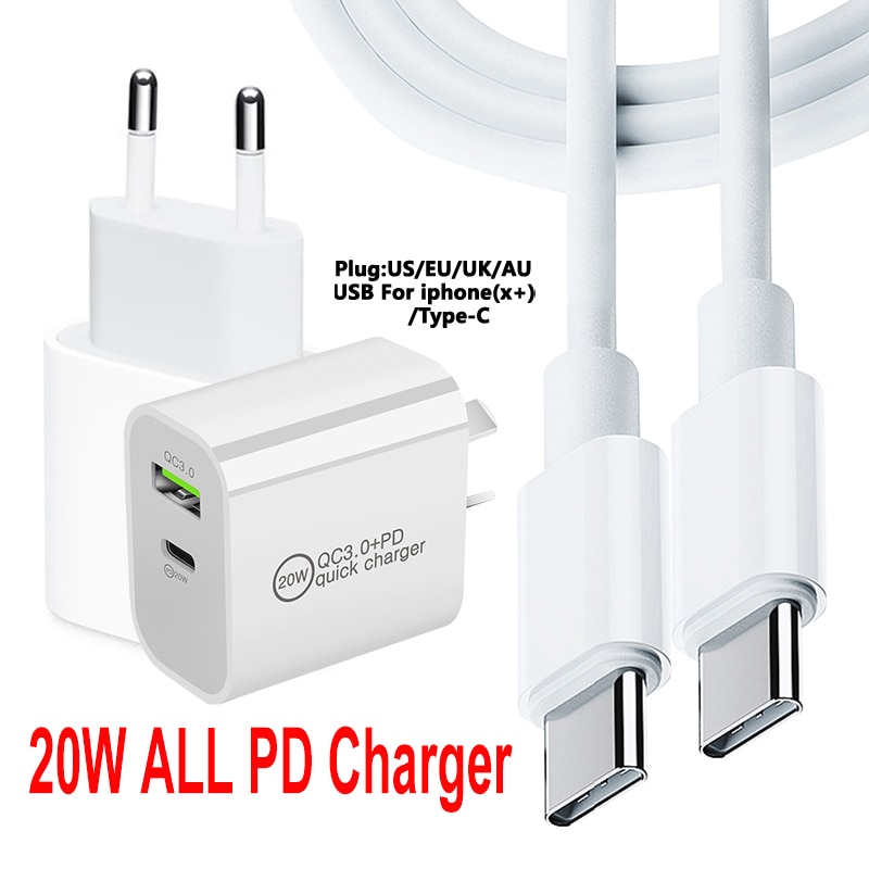 USB fast charge plug PD 5V3A 9V2A QC3.0 Mobile phone tablet charge cable For UK/AU/US/EU For iPhone/Type-C 20W Office charger
