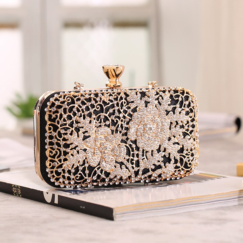 Bolso de mano de Metal con diamantes de imitación para mujer, cartera de noche de oro y cristal, bolsos para de boda, bolso de mano de día