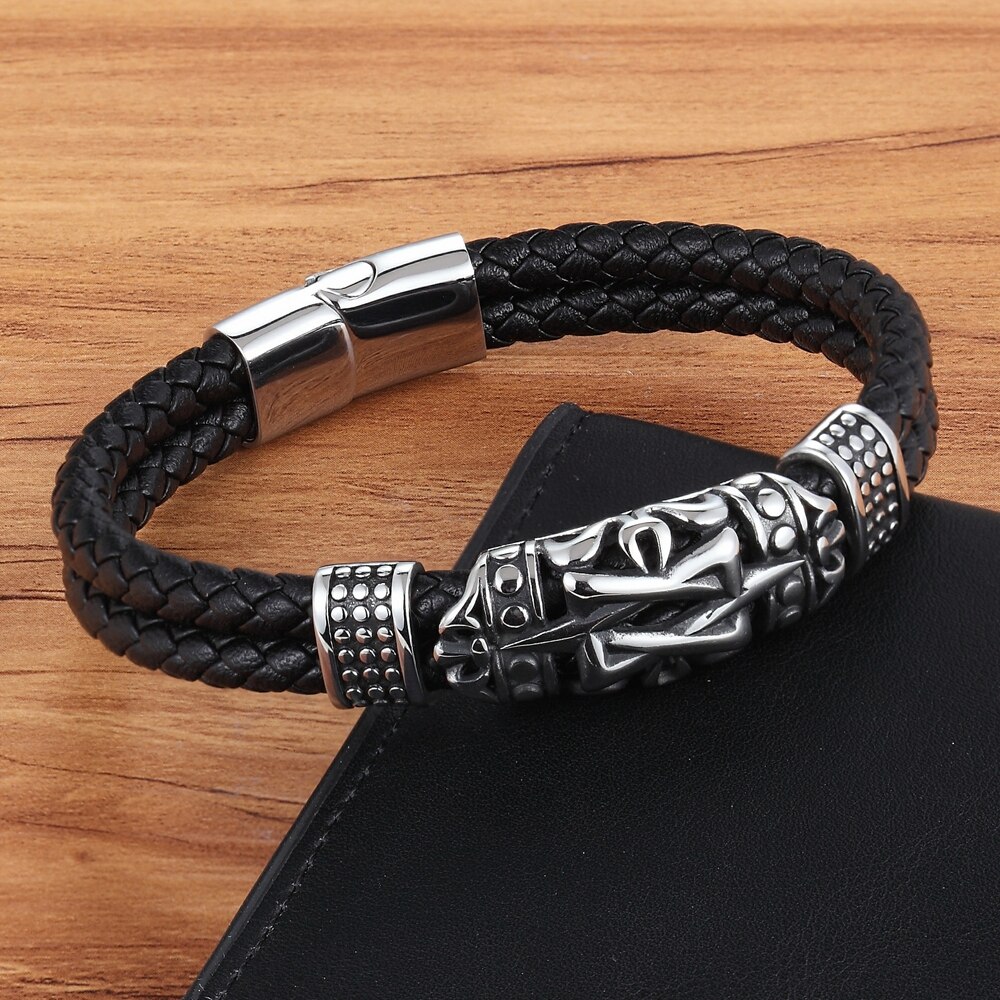 Classic Men Jewelry Leather Bracelets Stainless Steel Bracelets Black Rope Chain Wristband for Male Magnet