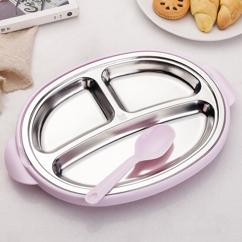 304 Stainless Steel Children's Home Dining Plate Cute Cartoon Tableware Partition Plate Baby Eating Partition Plate Fruit Plate: Pink