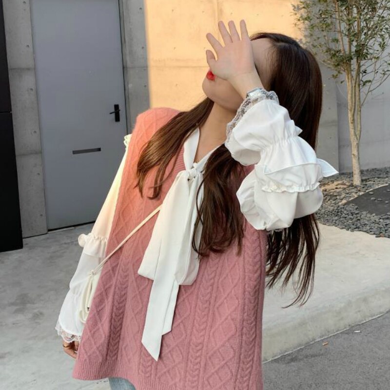 Genser vest rosa plissert svette kawaii studenter høst koreansk fritid løs kvinnelige gensere outwear preppy ins daglig