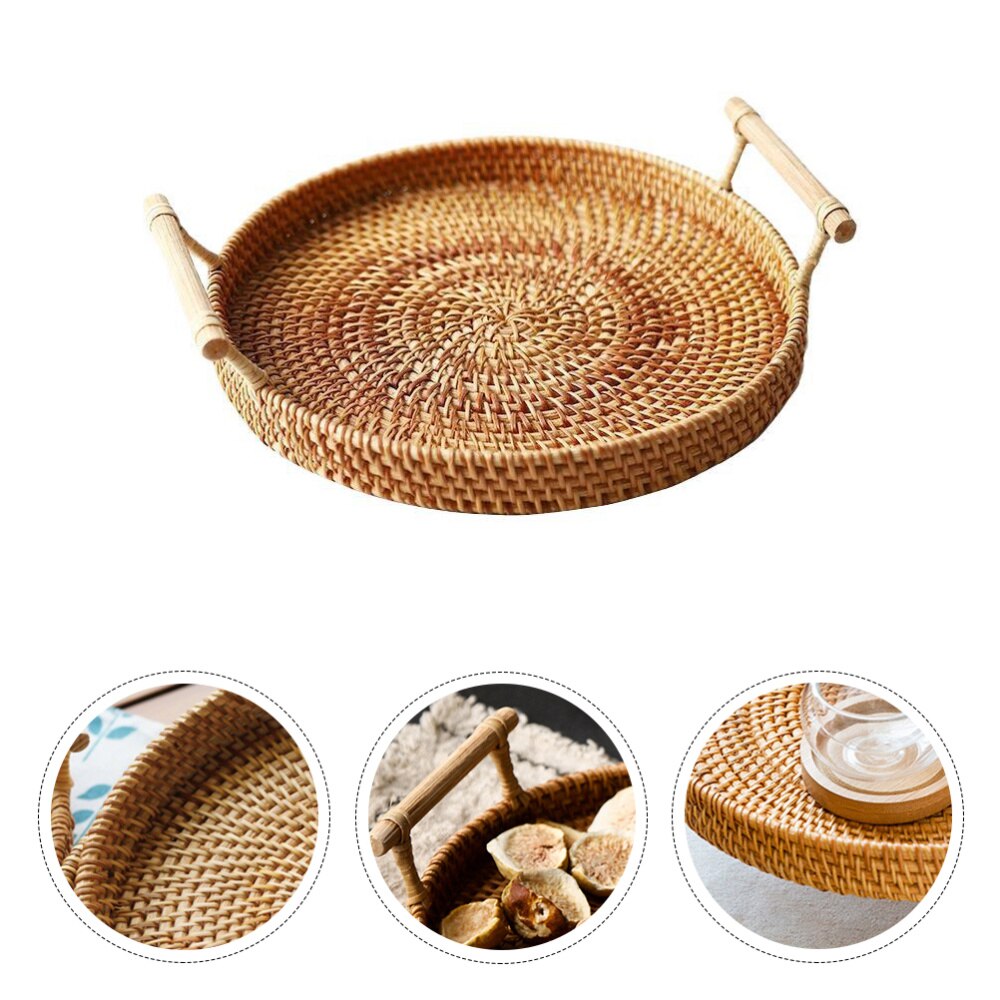 1PC Rattan Woven Basket Practical Picnic Ratten Tray Outdoor Storage Basket Portable Picnic Basket (Medium, Diameter 28x3.5cm)