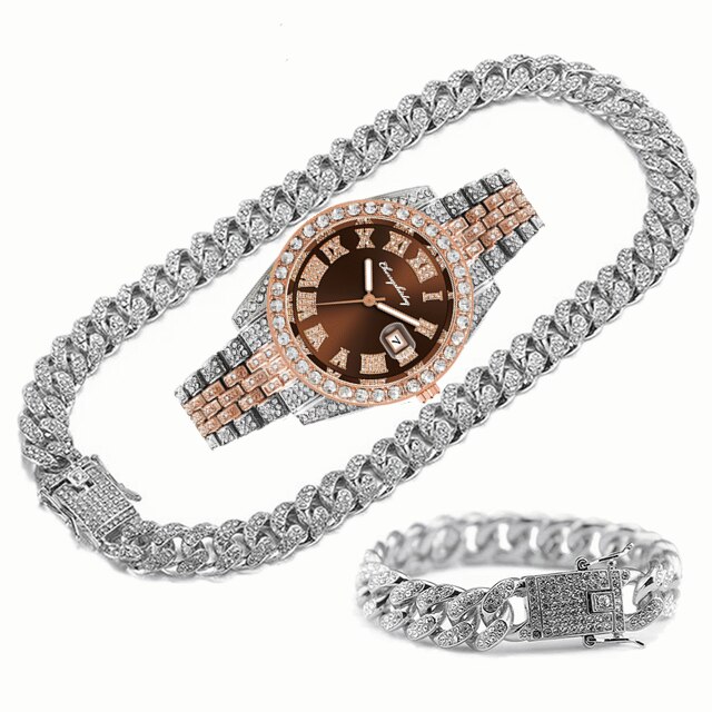 Montre entièrement glacée pour hommes, Bracelet, collier, ras du cou, bijoux bling-bling, grande chaîne en or, Hip Hop, ensemble de montre