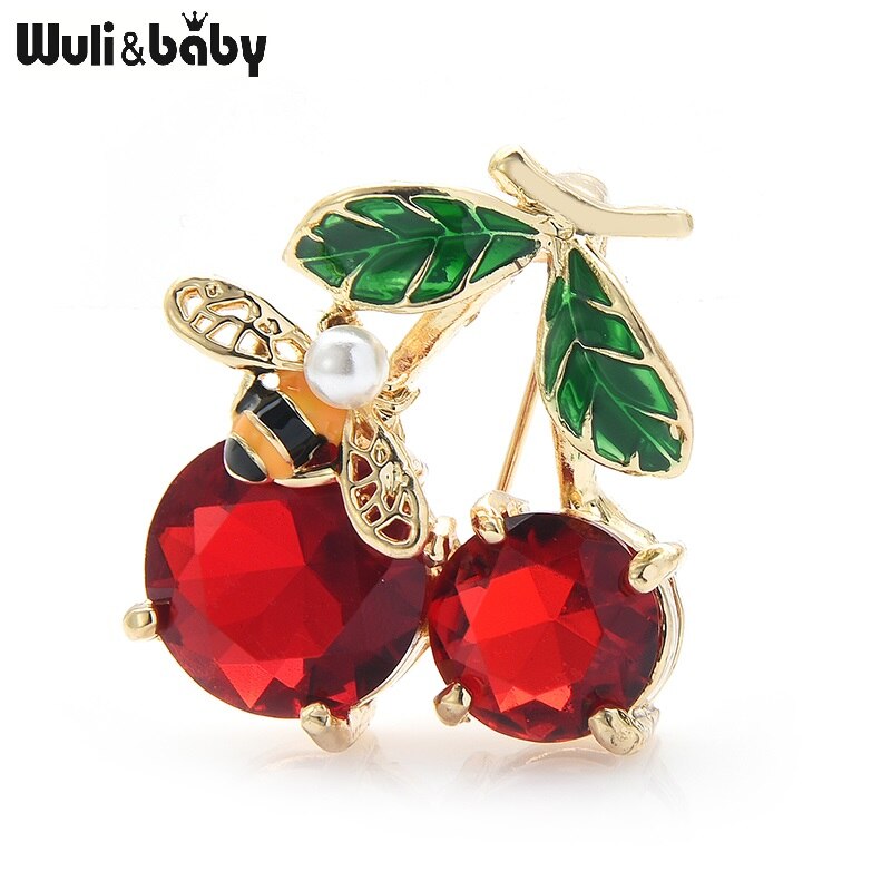 Wuli & Baby Red Crystal Cherry Broches Voor Vrouwen Klassieke Emaille Vruchten Bruiloften Casual Kantoor Broche Pins: gold