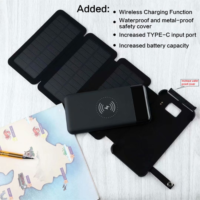 Foldable Solar Power Bank 12000mAh Phone Wireless Charger Waterproof 2USB Type-c External Battery LED Light Powerbank For Xiaomi