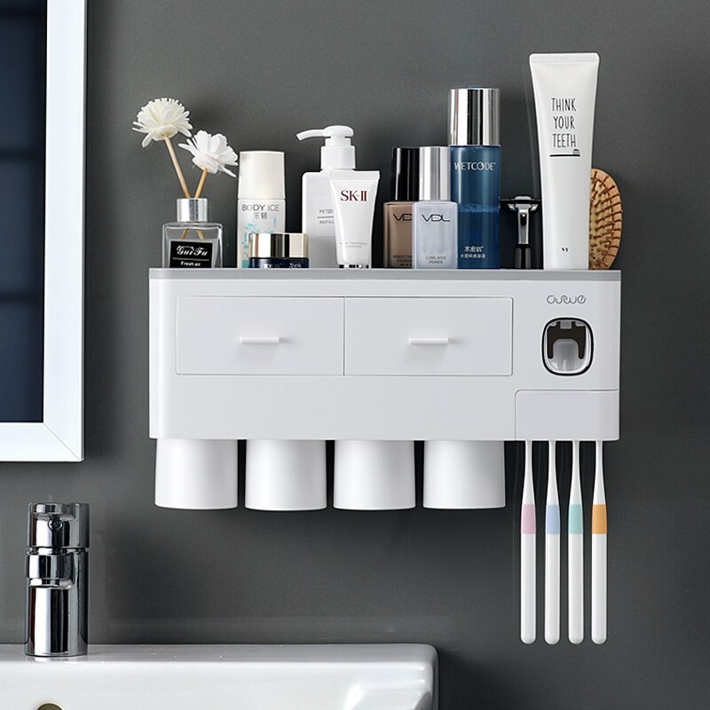 Toothbrush Holder Automatic Toothpaste Dispenser With Cup Wall Mount Toiletries Storage Rack Bathroom Accessories Set: 4 cups Gray