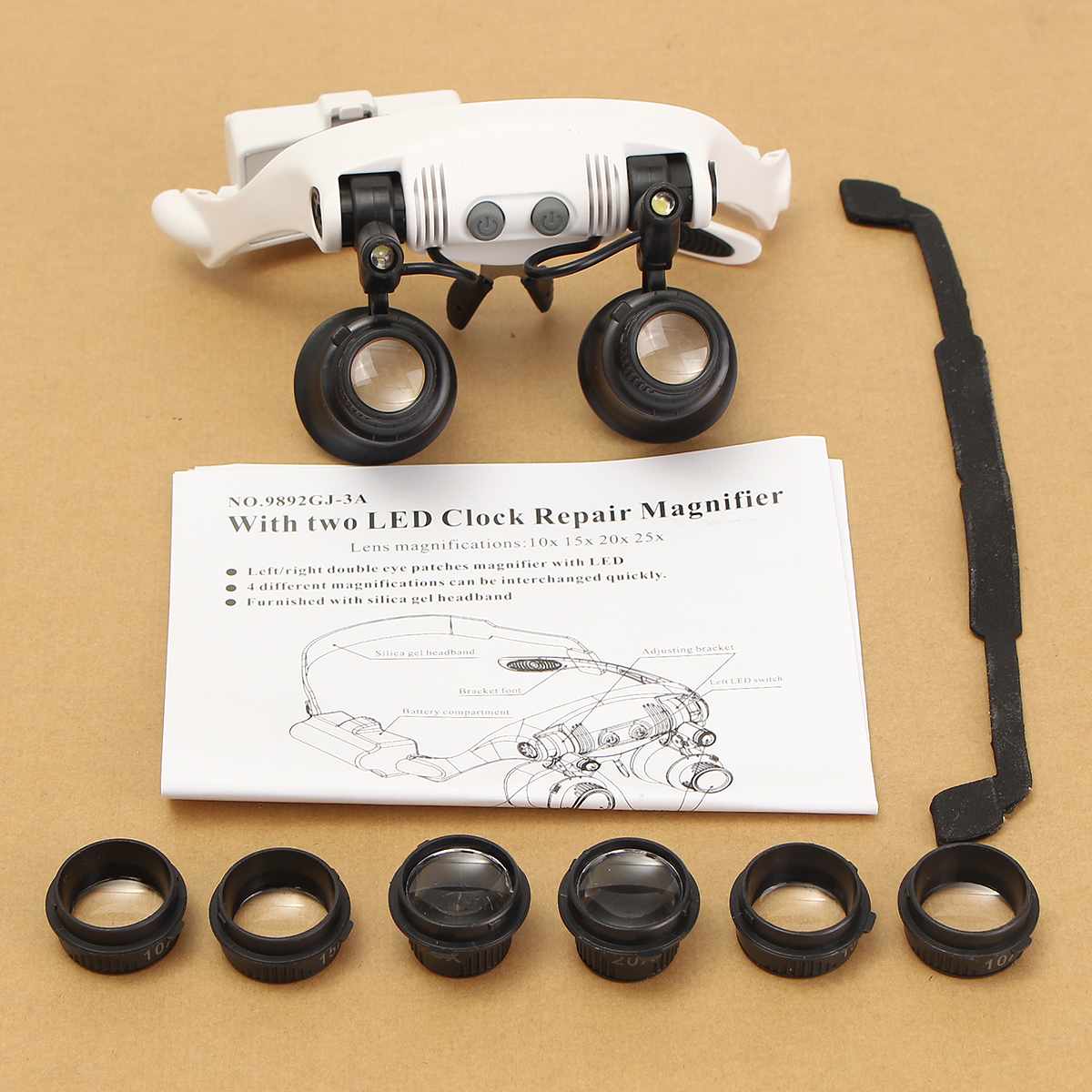 10X 15X 20X 25X Led Vergrootglas Dubbele Bril Loep Lens Juwelier Horloge Repair Meting Met 8 Lens Led Lamp