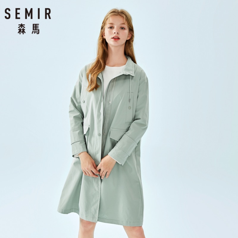 Semir kvinder lang jakke snøre stand-up krave kvinder lang trenchcoat med lomme til forårets efterår