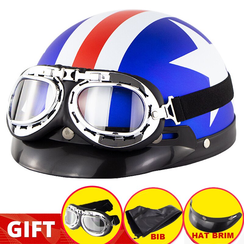 Retro Motorcycle Half Helmet Riding Vintage Cruiser Touring Half Helmets Moto Bicycle Scooter Skating Baseball Cap with Goggles: BLUE RED