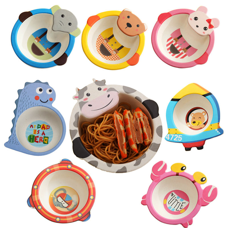 Baby Kids Natural Bamboo Fiber Toddler Children Plates Bowls Cute Animal Baby Infant Portable Cartoon Feeding Dishes Tableware