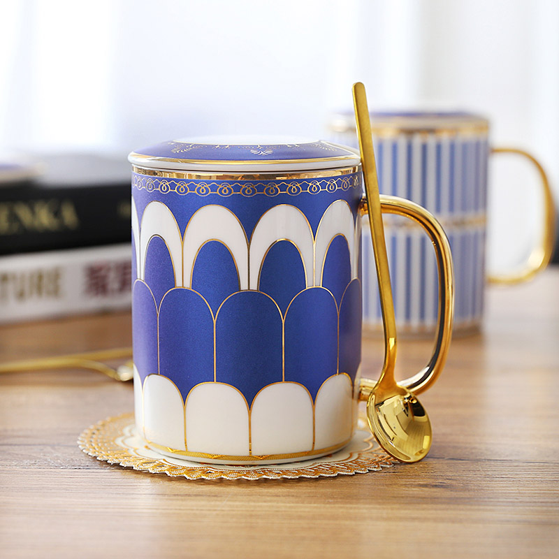 8 models Europe coffee mug Geometric Gold Line China Bone Milk Tea Cup Cover spoon travel mug Water cup 350ml: M01