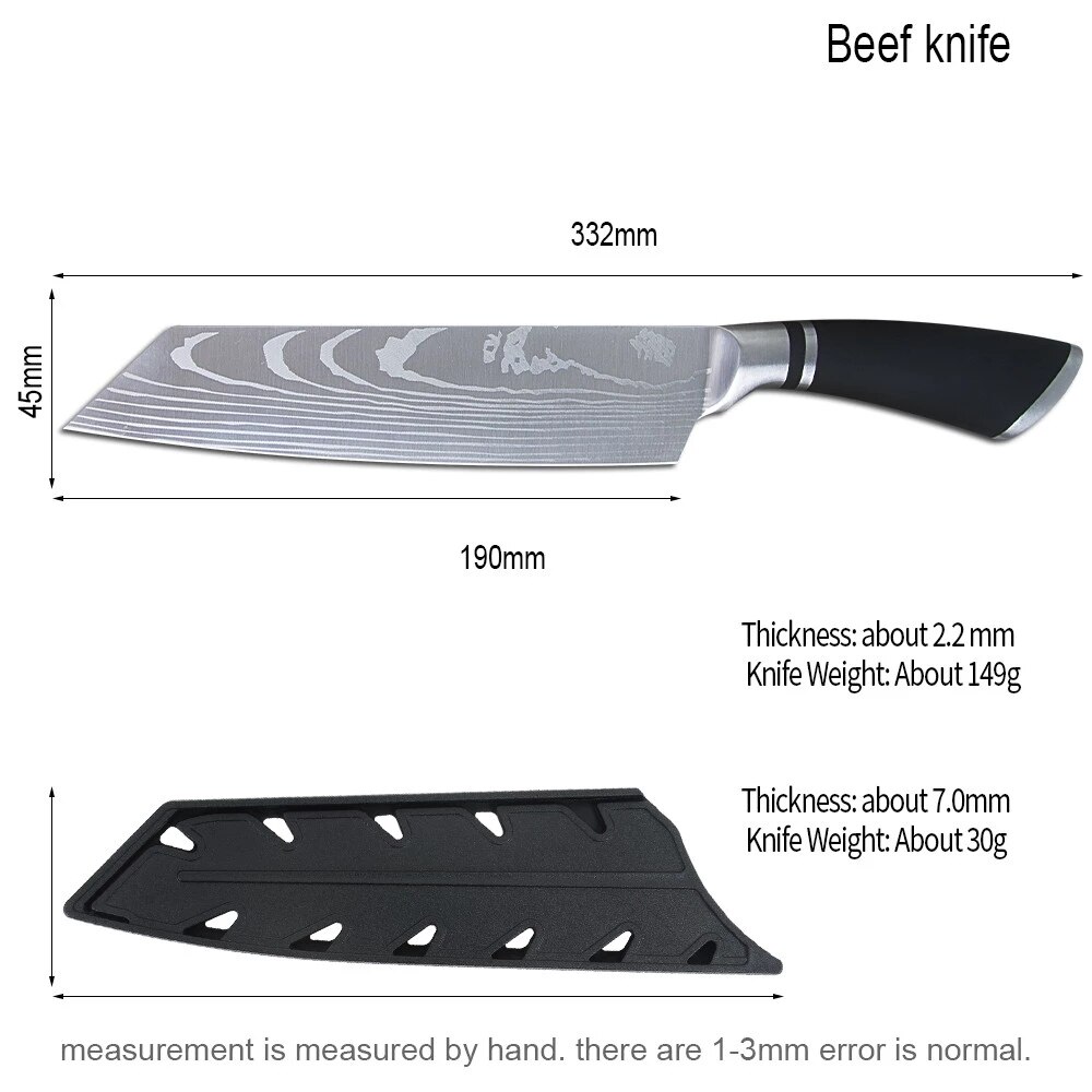 Chef Knife 8Inch Damascus Chef Knife Japanese Knife Stainless Steel Kitchen Tool Santoku Meat Cleaver Kitchen Knife: Knife with scabbard