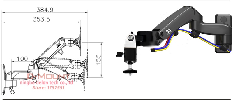 NB-F150PR 2-7kg dual Gas spring arm projector wall mounted bracket full motion 360 rotate aluminum 1/4 inch screw