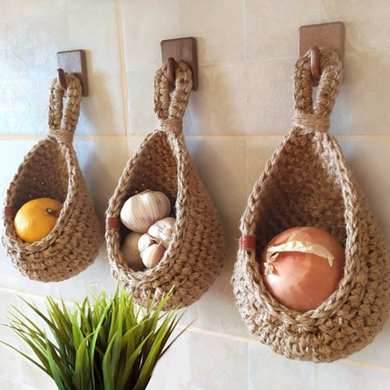 Zerolife Wall Hanging Vegetable Fruit Storage Basket Natural Wicker Woven Basket Kitchen Table Wall Hanging Rope Hanging Basket