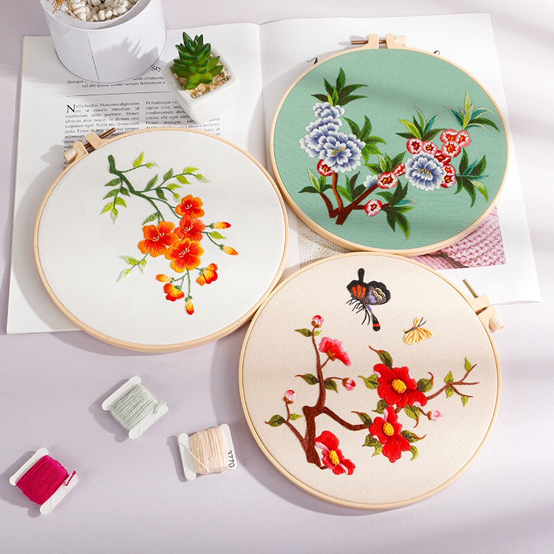 Chinese DIY Embroidery Art Kit Flower Pattern Printed Needlework Cross Stitch Hoop Set Sewing Craft Painting