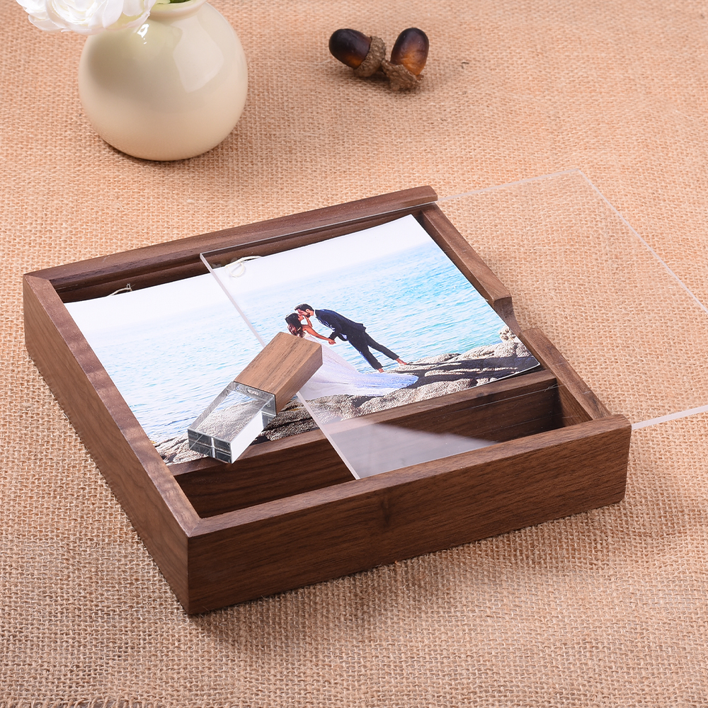 JASTER USB 3.0 Flash Drive Crystal walnut wood box Pen Drive Free custom logo Memory Stick Photography Wedding Pendrive 64G
