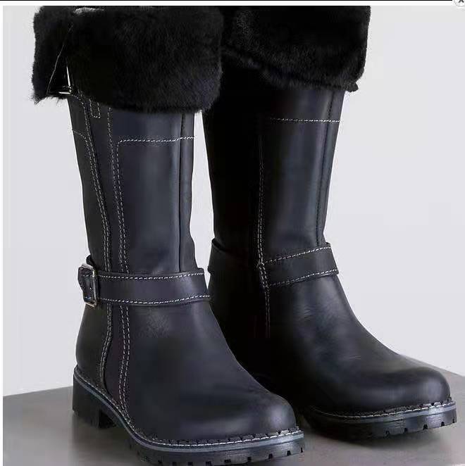 Kvinner knehøye støvler stor størrelse lave hæler sko støvletter gladiator vintage pu lær vinter snø varm sko botas mujer: Svart / 43