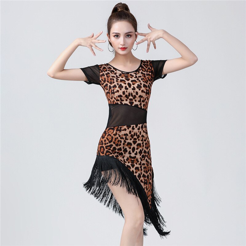 Ladies Latin Dance Training Tassel Clothing Women Summer Ballroom Tango Salsa Rumba Costume Leopard Print Short Sleeve Dancewear: Leopard Print / L